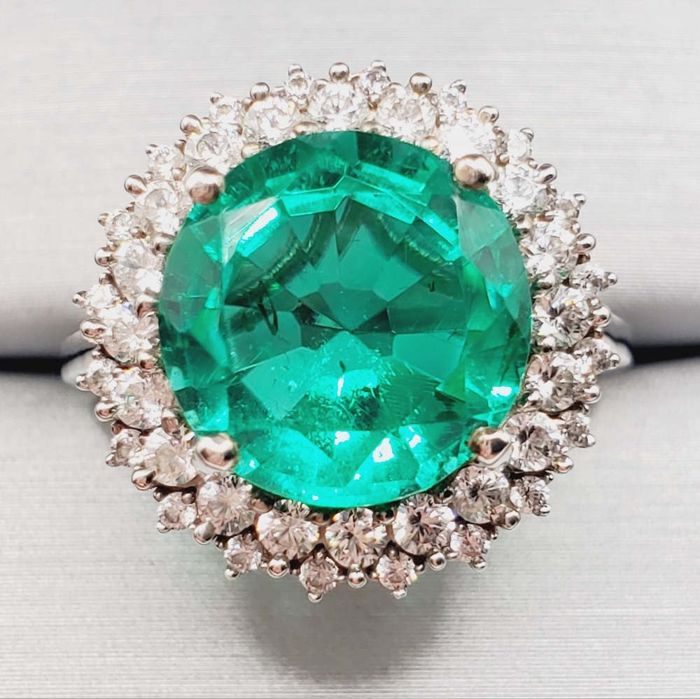 Emerald Green Quartz & White Zircon Sunburst Halo Ring Platinum Over Sterling